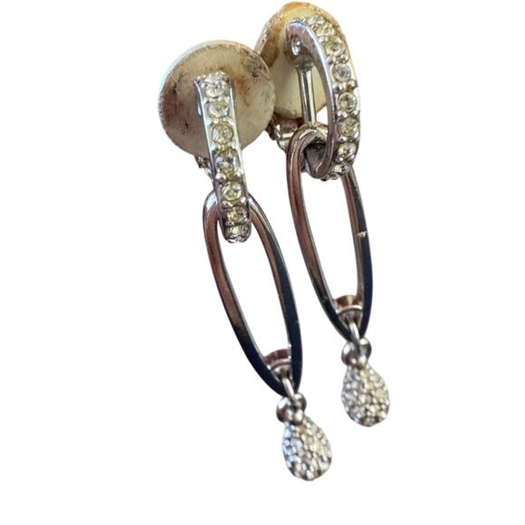 Swarovski Silver Tone Rhinestone Vintage Clip On Earrings Dangle Drop Pauve - Picture 2 of 8